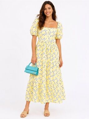 Pitusa Play Prairie Lemon Print Cotton Maxi Dress Yellow Puff Sleeve Size M